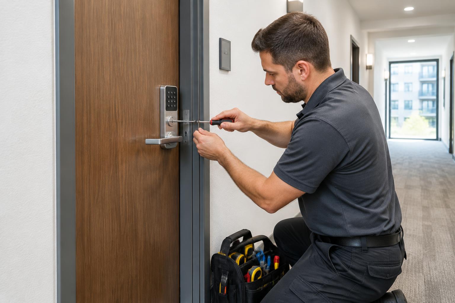 Professional technician installing a stainless-steel electronic lock on an apartment entry door